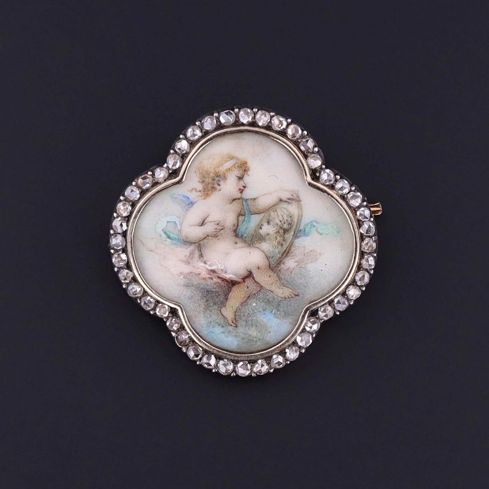 Victorian Hand Painted Miniature Brooch of 14k gold and Silver - Trademark Antiques