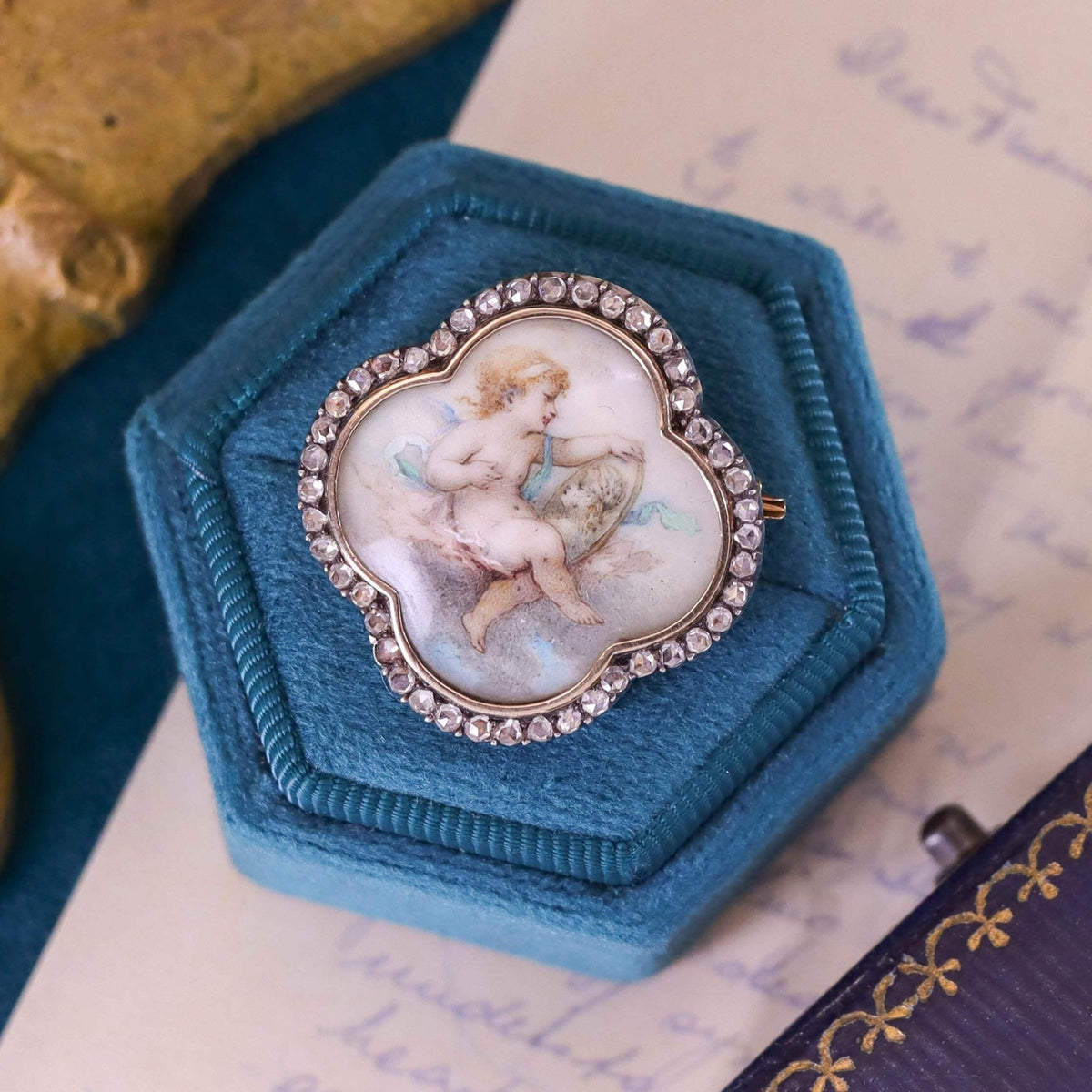 Victorian Hand Painted Miniature Brooch of 14k gold and Silver - Trademark Antiques