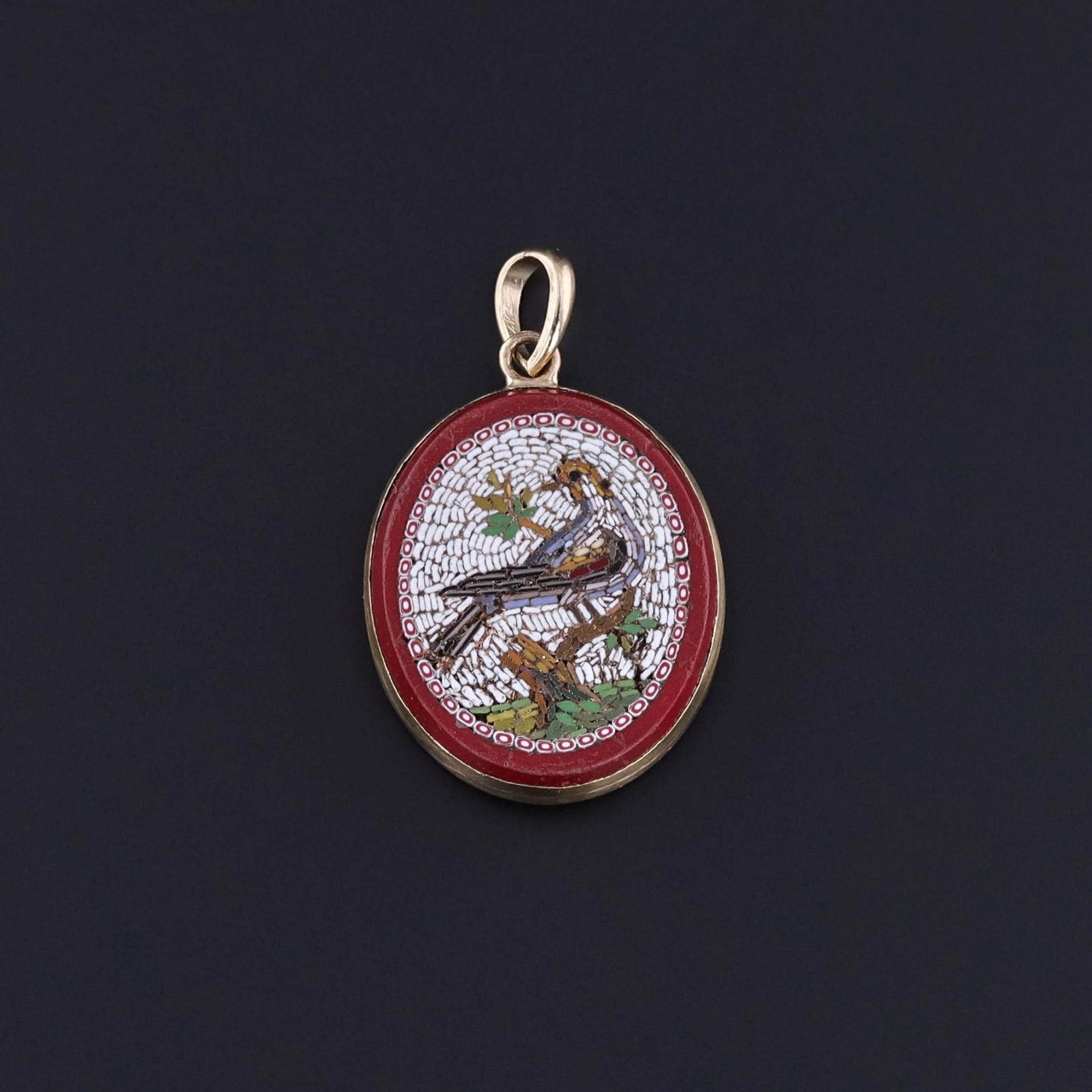 Victorian Micromosaic Bird Pendant of 14k Gold - Trademark Antiques