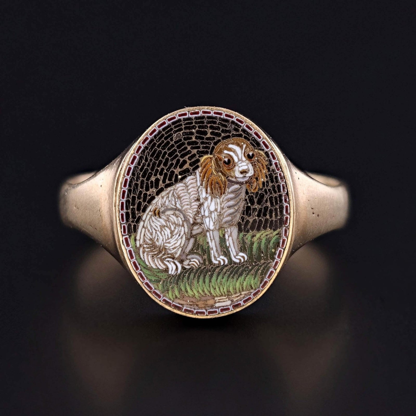 Victorian Micromosaic Dog Ring of 18k and 14k Gold - Trademark Antiques