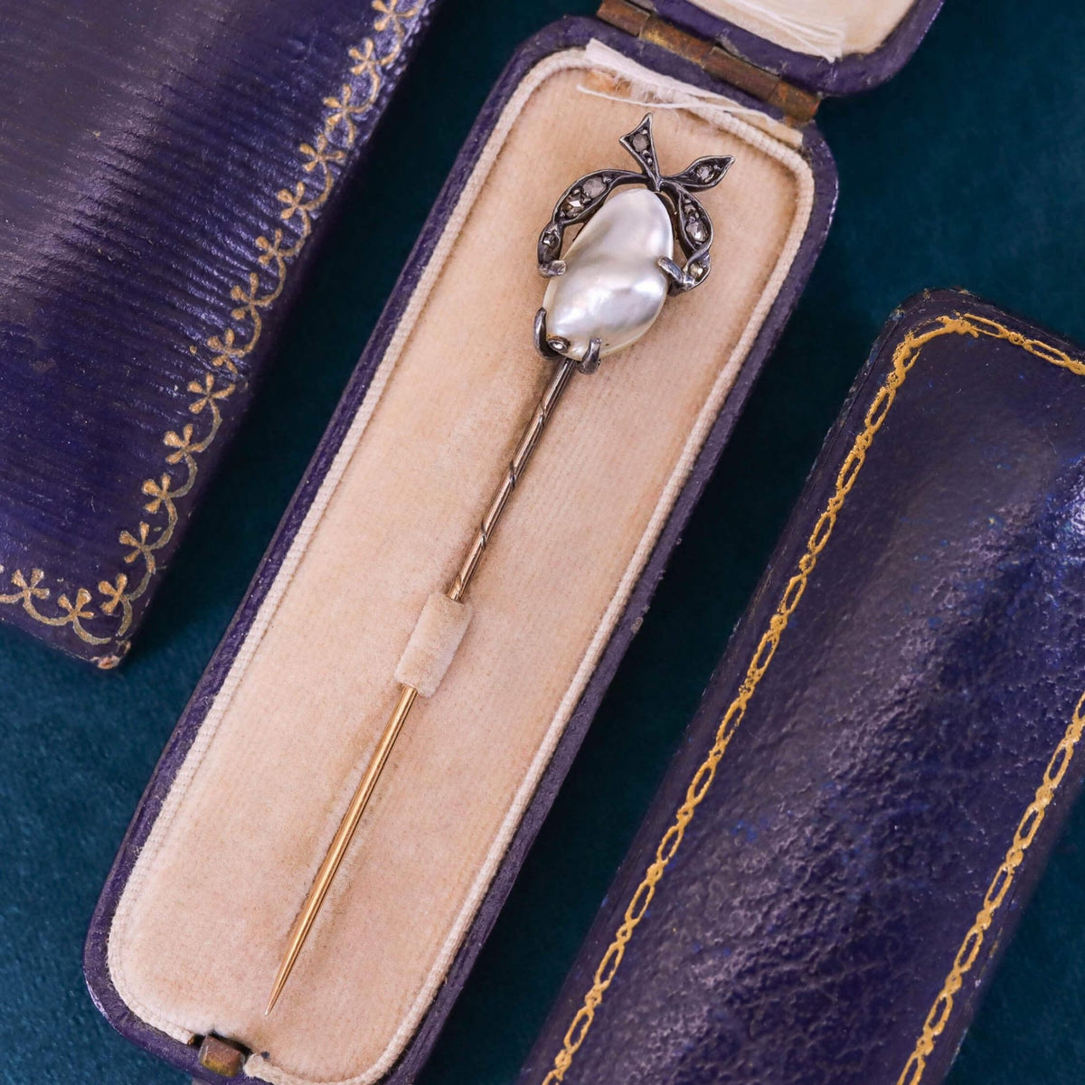 Victorian Pearl and Diamond Stickpin of 14k Gold and Silver - Trademark Antiques