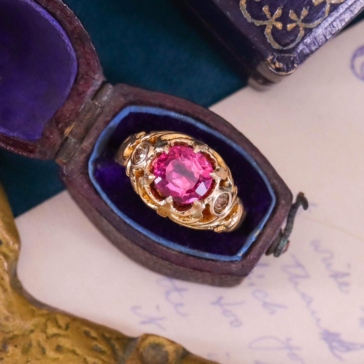 Victorian Rubellite Tourmaline and Diamond Ring of 18k Gold - Trademark Antiques