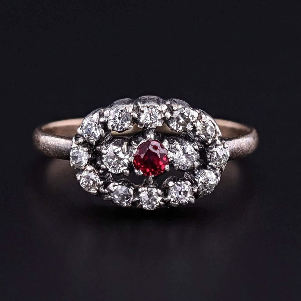 Victorian Ruby and Diamond Cluster Ring of Silver Topped 14k Gold - Trademark Antiques