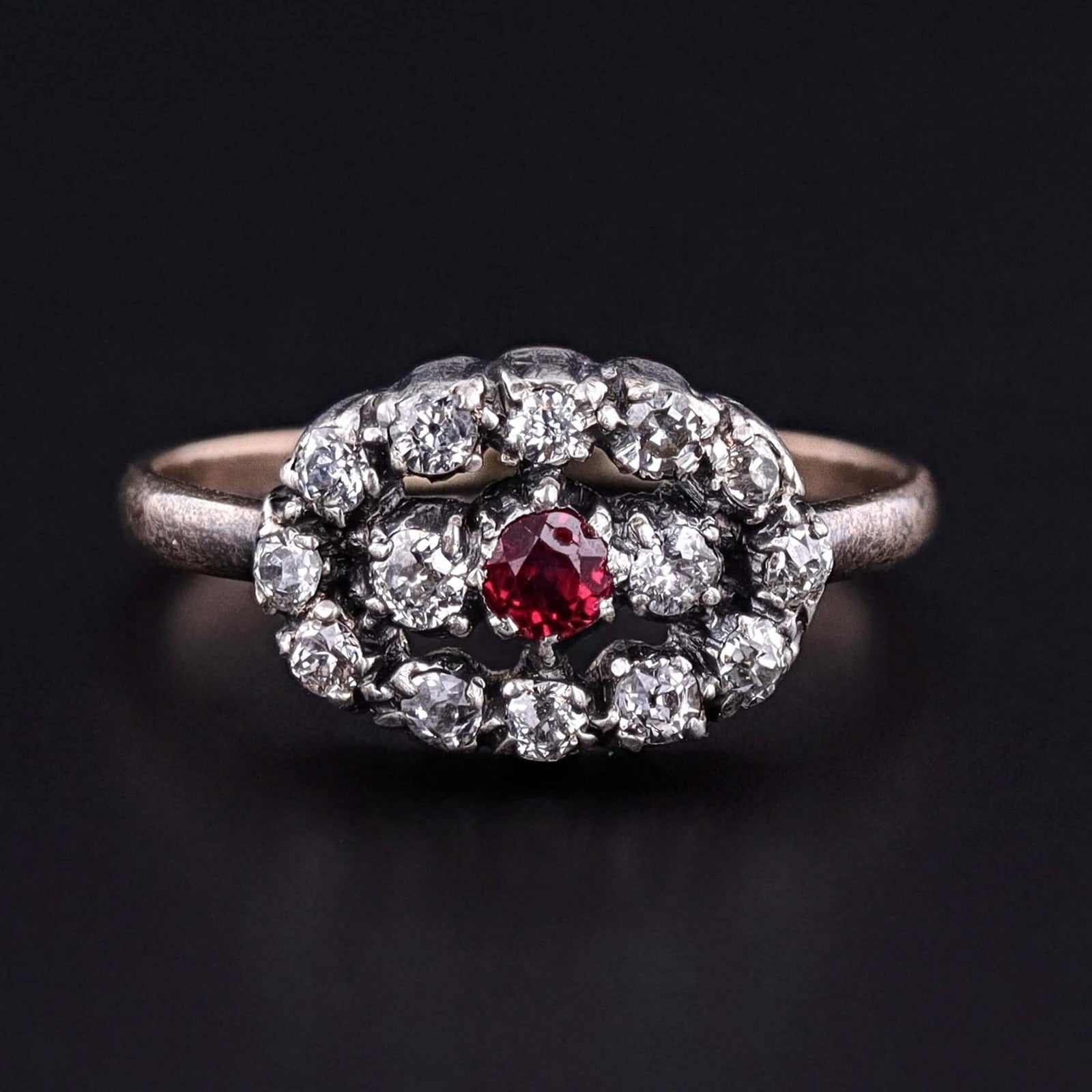 Victorian Ruby and Diamond Cluster Ring of Silver Topped 14k Gold - Trademark Antiques