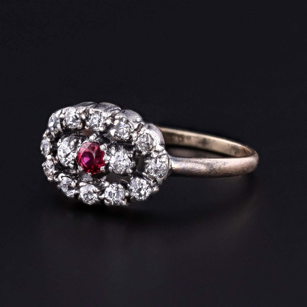 Victorian Ruby and Diamond Cluster Ring of Silver Topped 14k Gold - Trademark Antiques