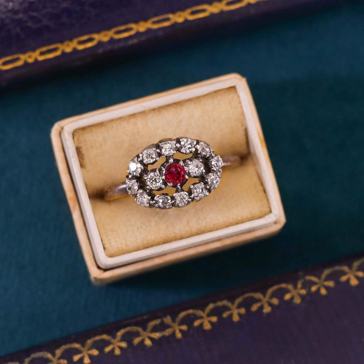 Victorian Ruby and Diamond Cluster Ring of Silver Topped 14k Gold - Trademark Antiques