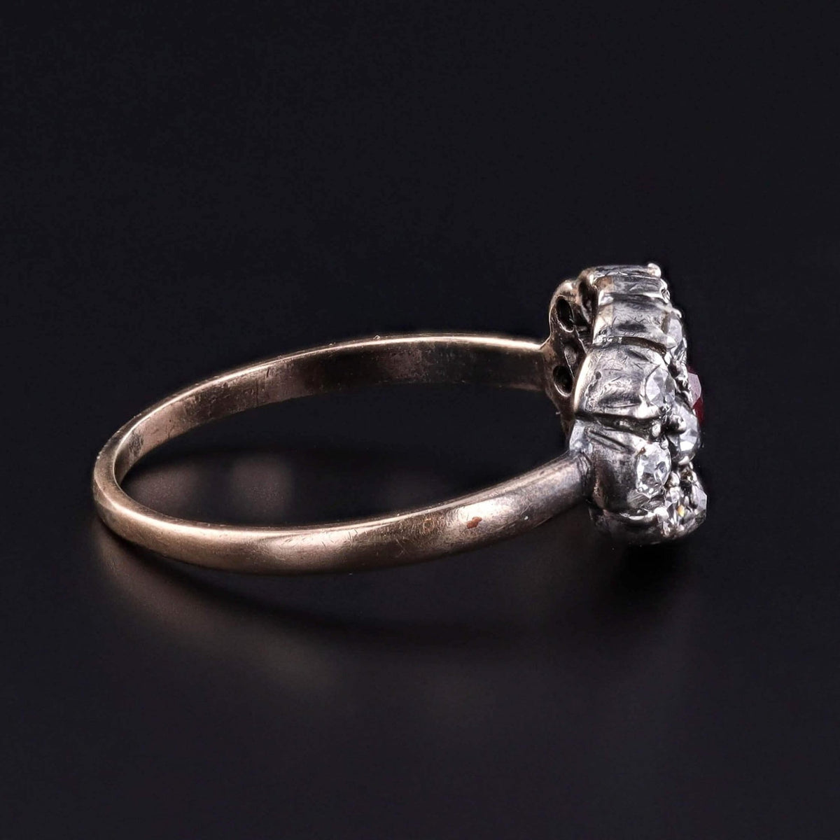 Victorian Ruby and Diamond Cluster Ring of Silver Topped 14k Gold - Trademark Antiques