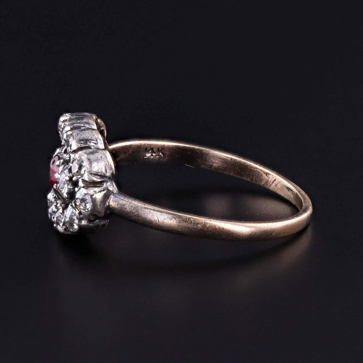 Victorian Ruby and Diamond Cluster Ring of Silver Topped 14k Gold - Trademark Antiques