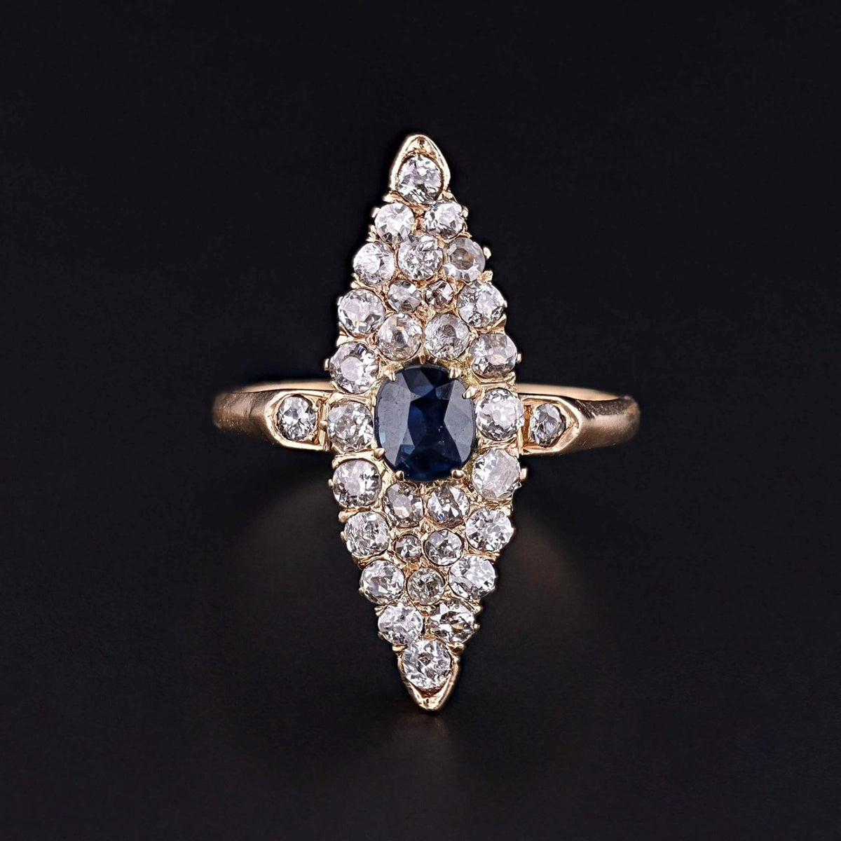 Victorian Sapphire and Diamond Navette Ring of 18k Gold - Trademark Antiques