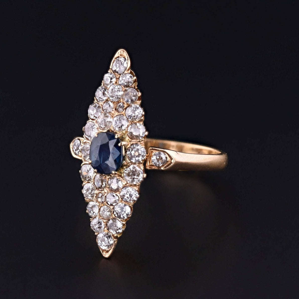 Victorian Sapphire and Diamond Navette Ring of 18k Gold - Trademark Antiques