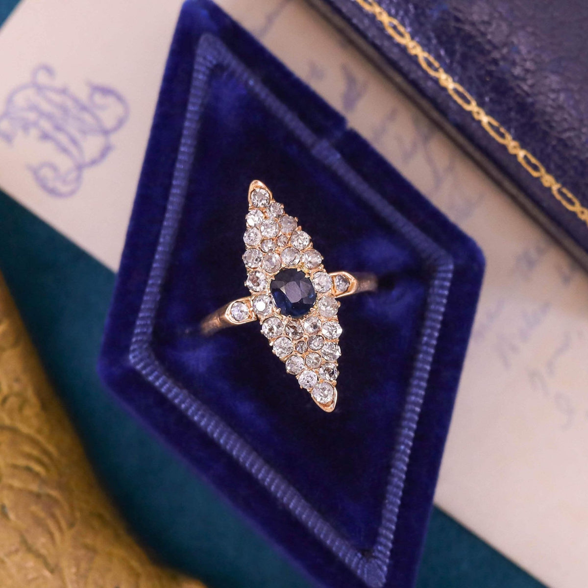 Victorian Sapphire and Diamond Navette Ring of 18k Gold - Trademark Antiques