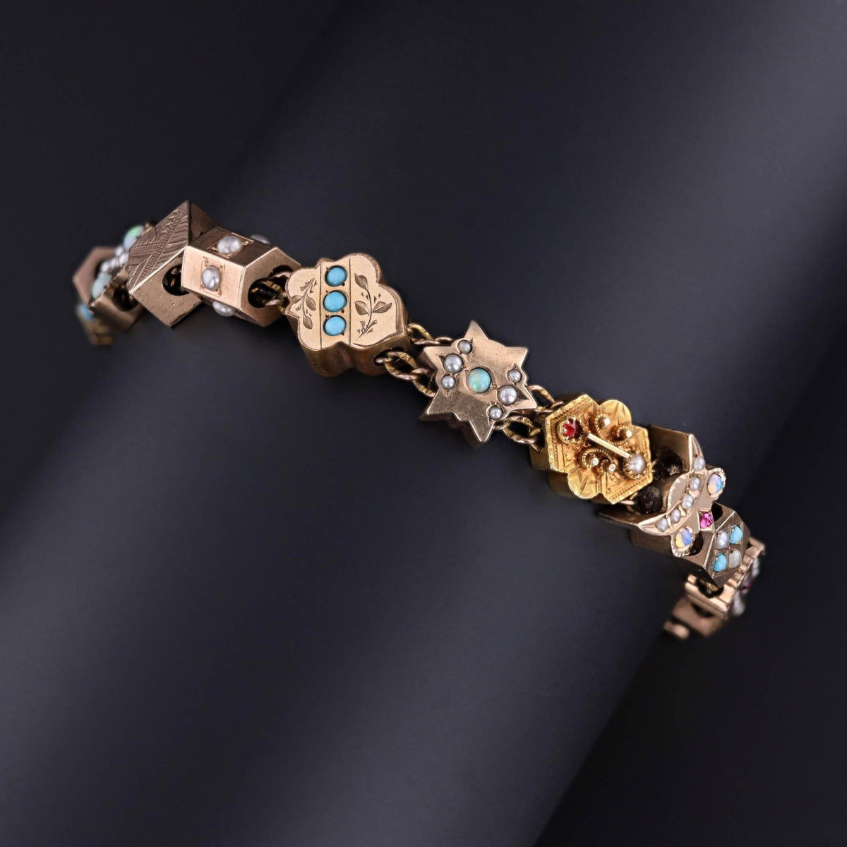 Victorian Slide Bracelet with 15 Antique Slides - Trademark Antiques