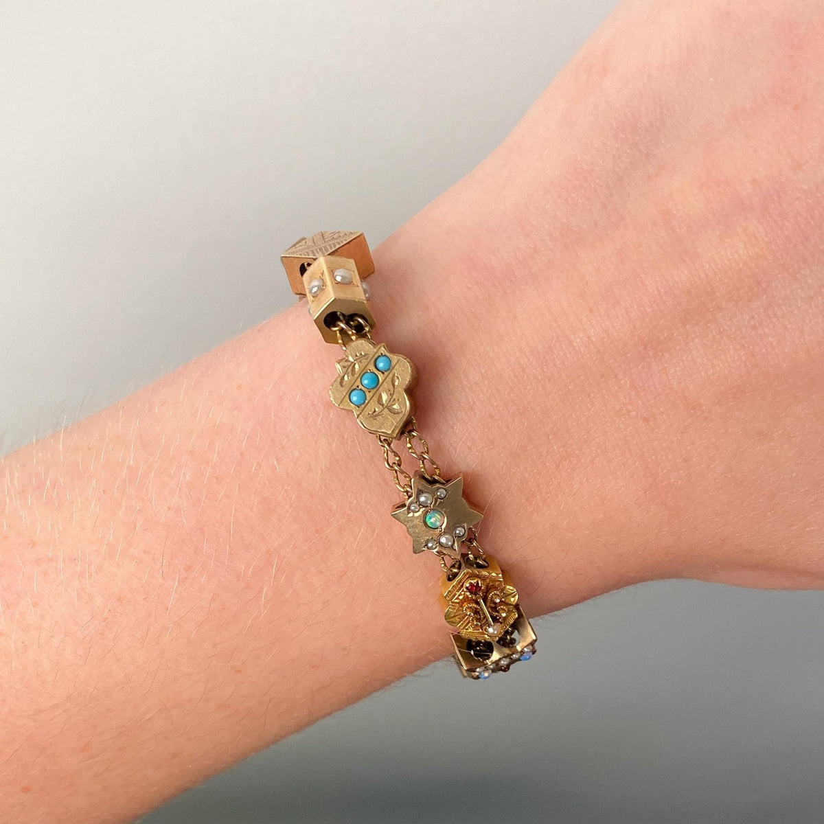 Victorian Slide Bracelet with 15 Antique Slides - Trademark Antiques