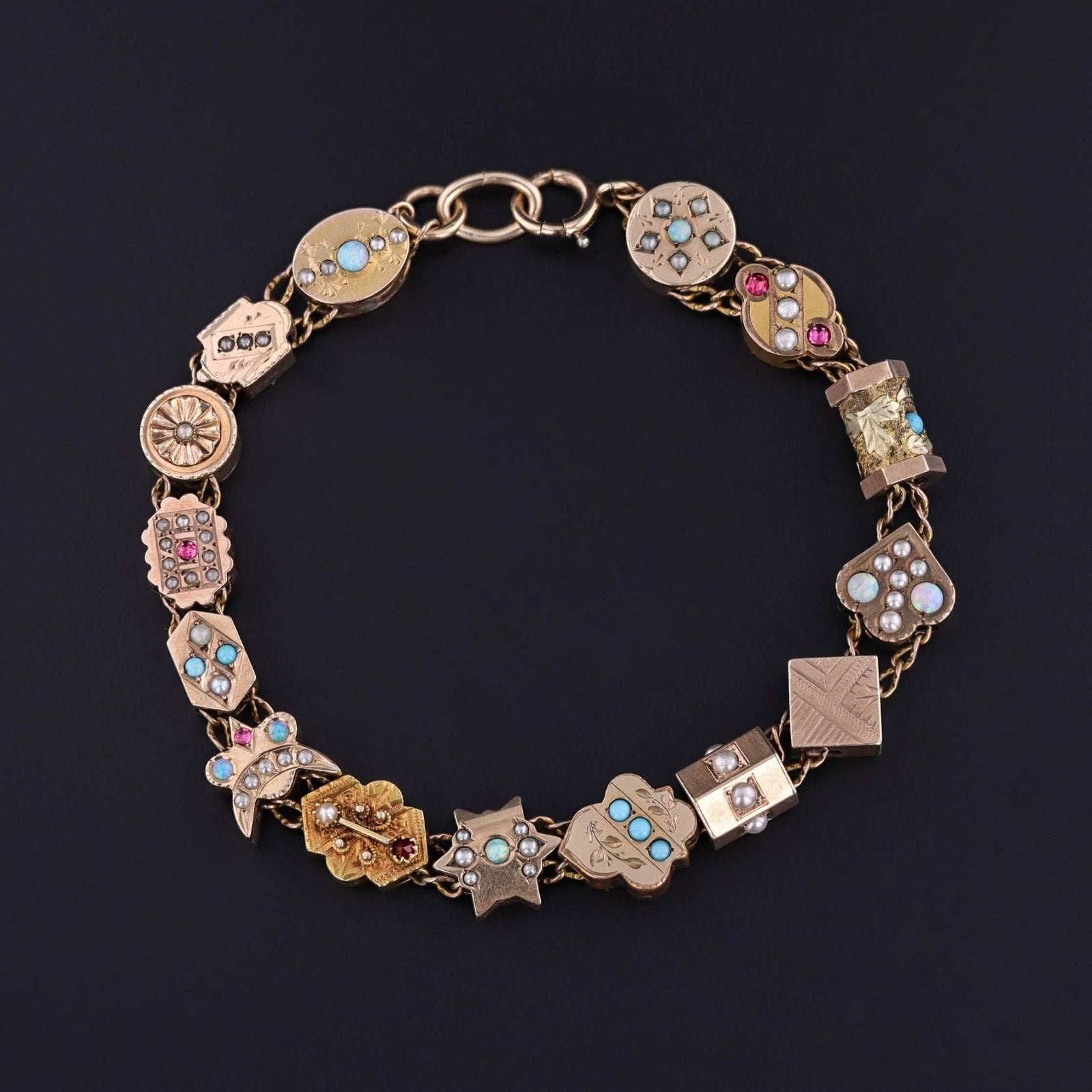 Victorian Slide Bracelet with 15 Antique Slides - Trademark Antiques