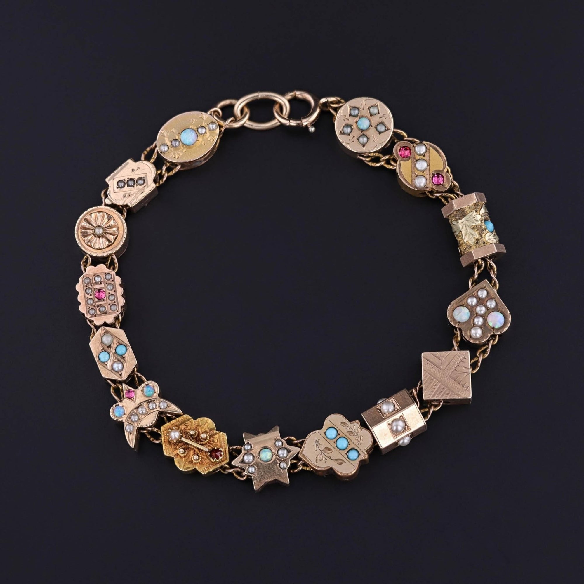 Victorian Slide Bracelet with 15 Antique Slides - Trademark Antiques