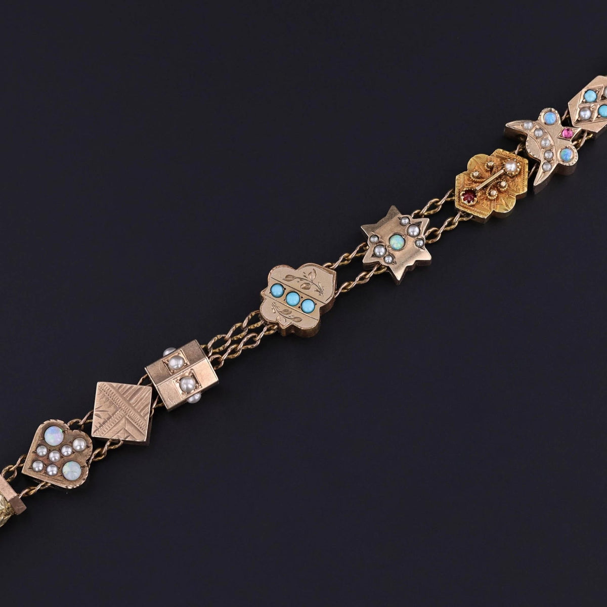 Victorian Slide Bracelet with 15 Antique Slides - Trademark Antiques