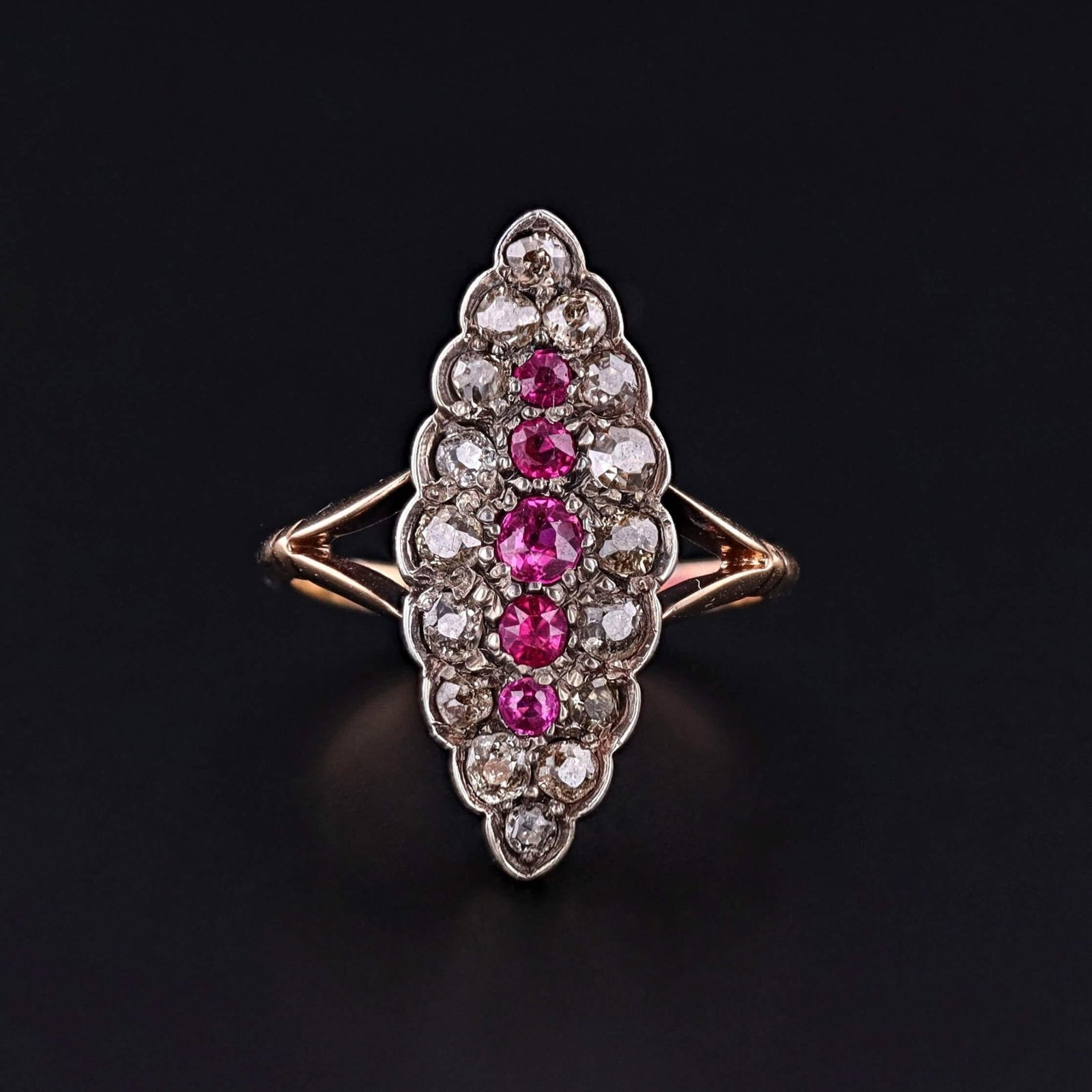 Victorian Style Synthetic Ruby and Diamond Ring of 18k Gold - Trademark Antiques