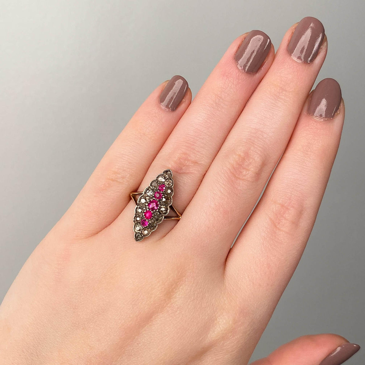 Victorian Style Synthetic Ruby and Diamond Ring of 18k Gold - Trademark Antiques