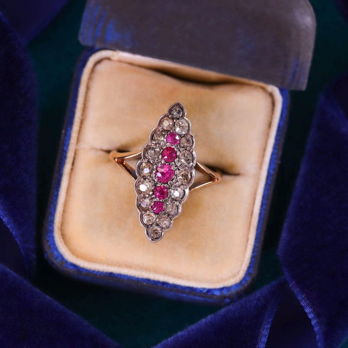 Victorian Style Synthetic Ruby and Diamond Ring of 18k Gold - Trademark Antiques