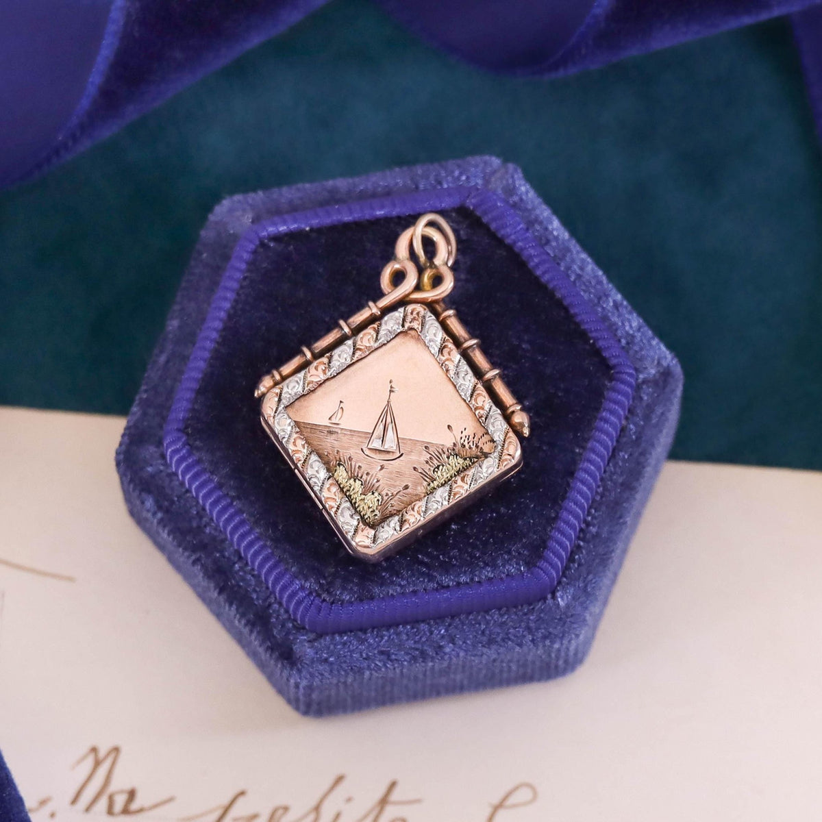 Victorian Tri Color Sailboat Locket of 10k Rose Gold - Trademark Antiques