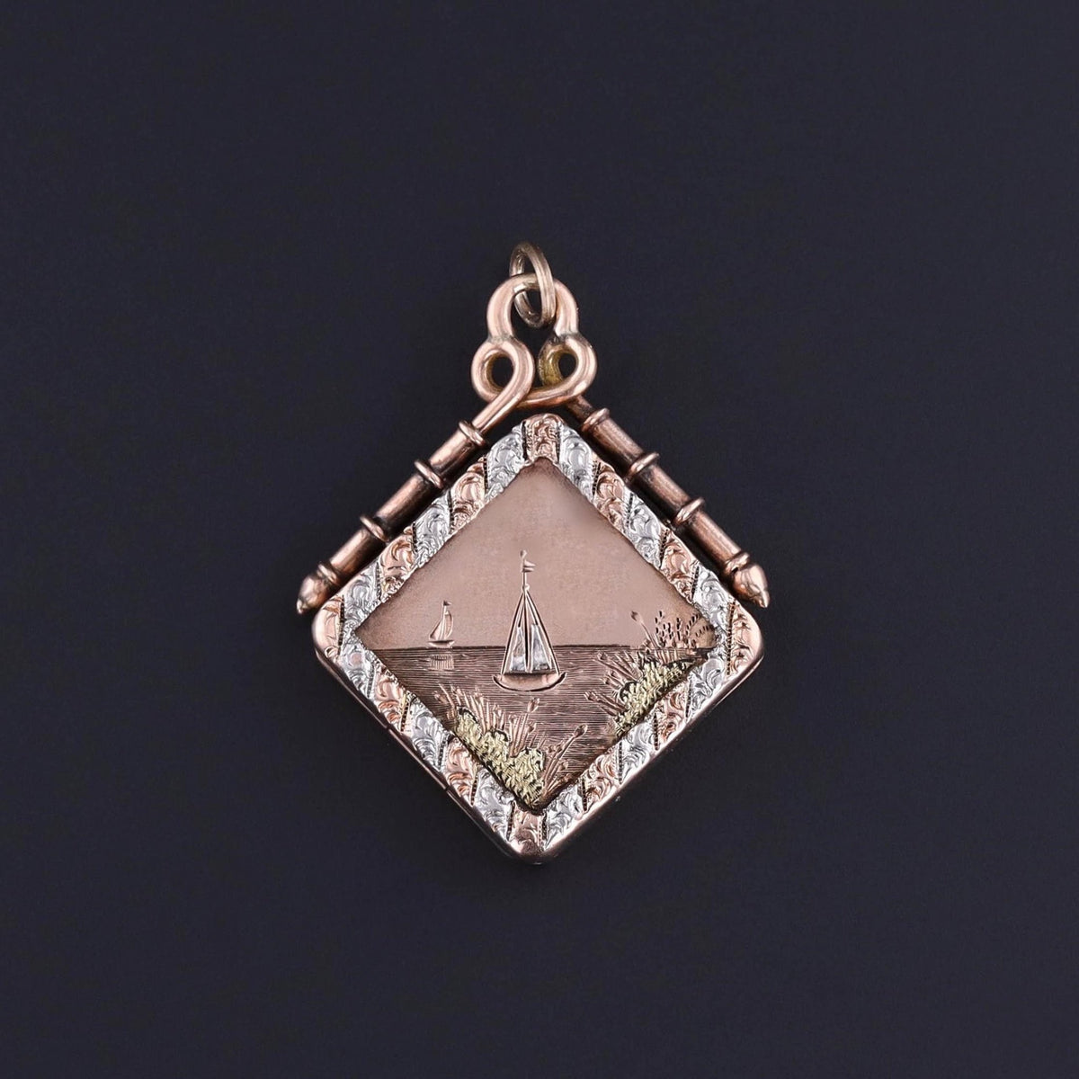 Victorian Tri Color Sailboat Locket of 10k Rose Gold - Trademark Antiques