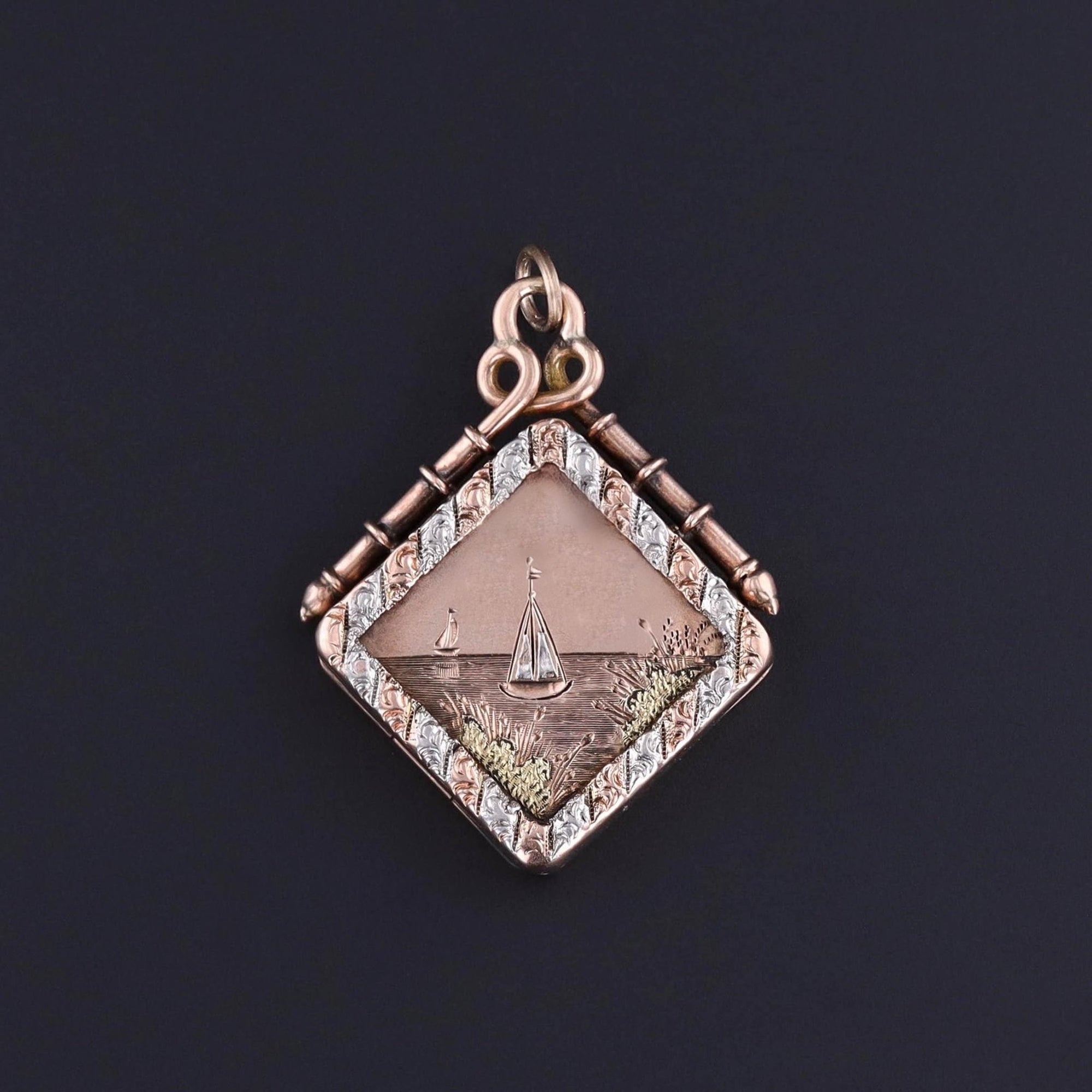 Victorian Tri Color Sailboat Locket of 10k Rose Gold - Trademark Antiques