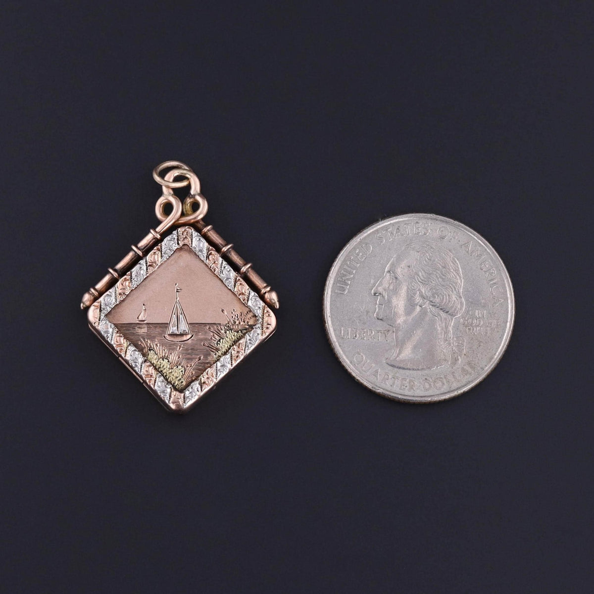 Victorian Tri Color Sailboat Locket of 10k Rose Gold - Trademark Antiques