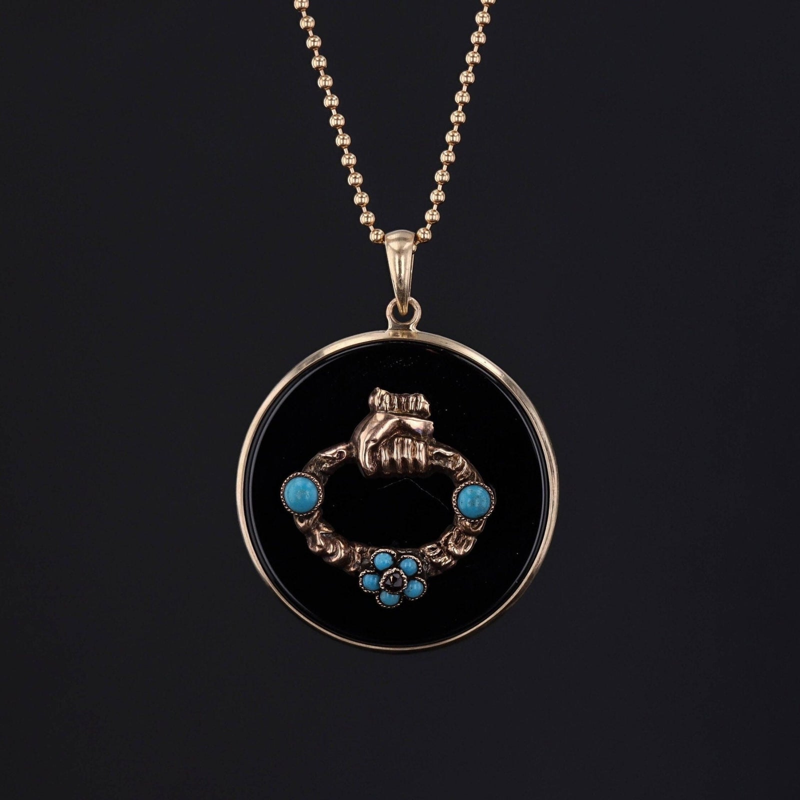 Victorian Turquoise and Onyx Conversion Pendant of 14k Gold - Trademark Antiques