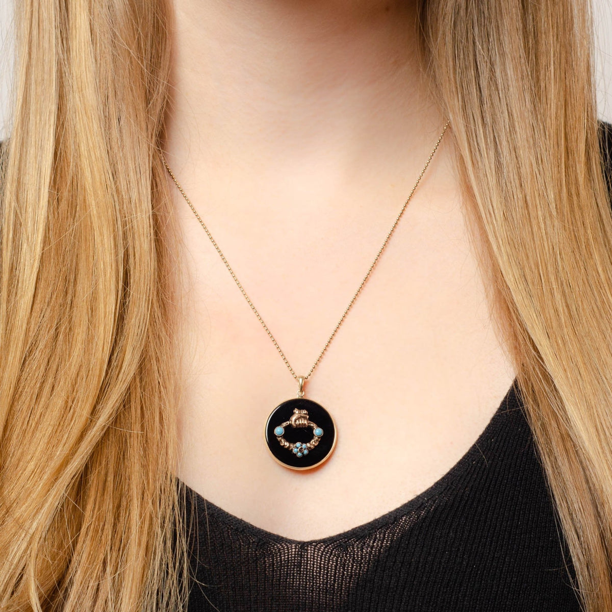 Victorian Turquoise and Onyx Conversion Pendant of 14k Gold - Trademark Antiques