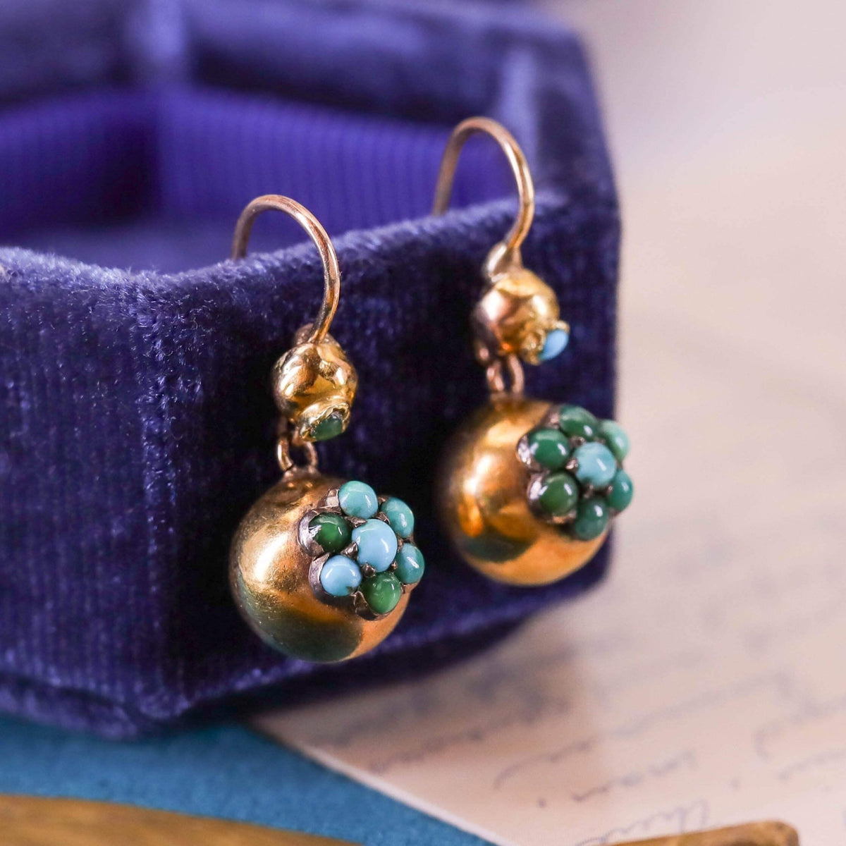 Victorian Turquoise Drop Earrings of 14k Gold - Trademark Antiques