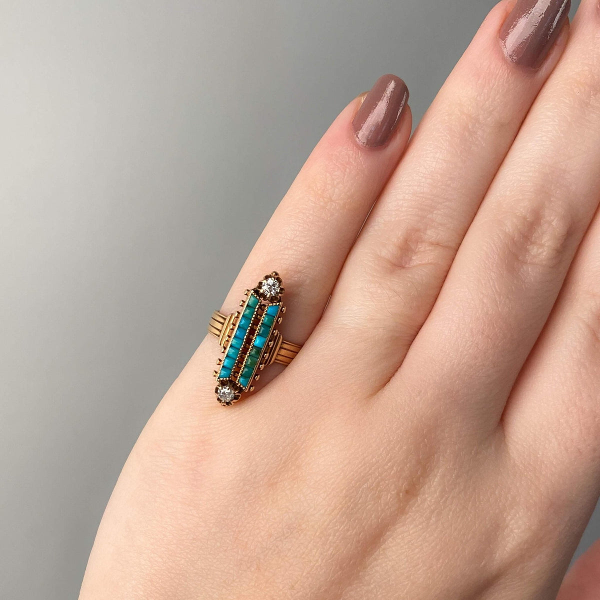 Victorian Turquoise Navette Ring of 17k Rose Gold - Trademark Antiques
