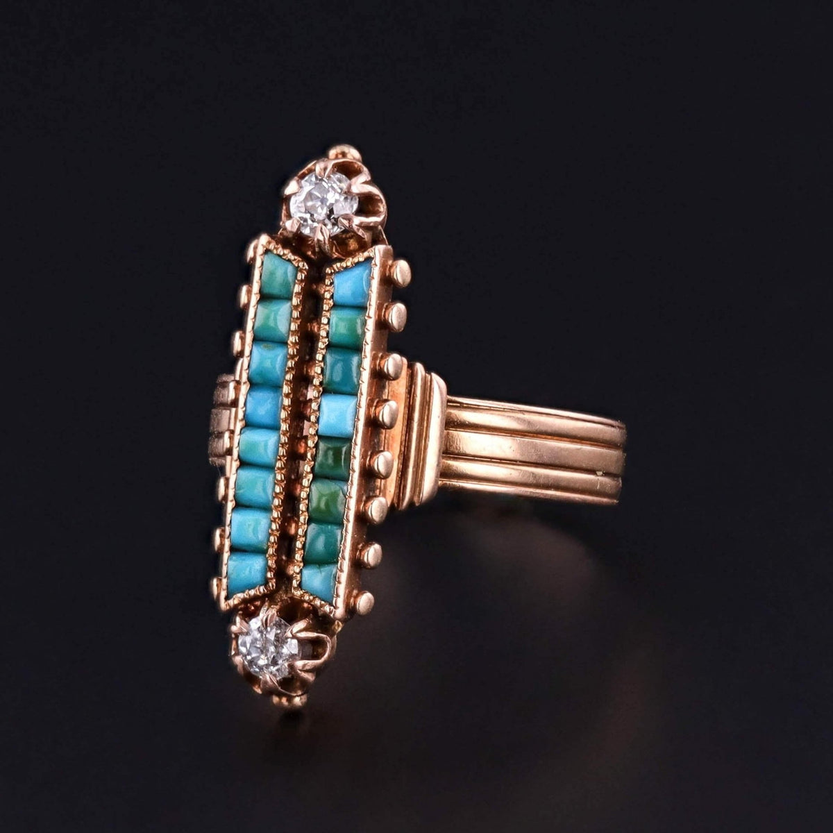 Victorian Turquoise Navette Ring of 17k Rose Gold - Trademark Antiques