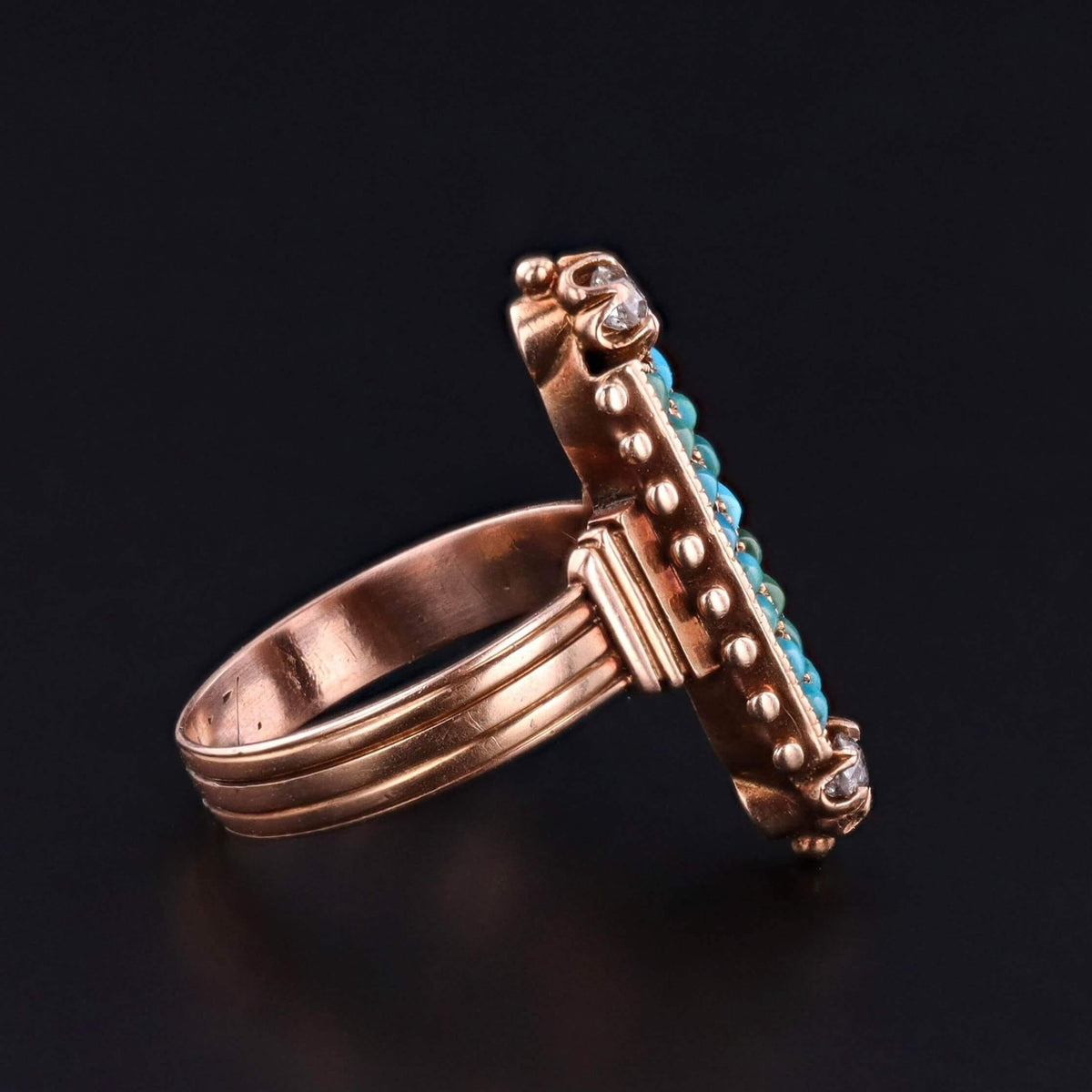 Victorian Turquoise Navette Ring of 17k Rose Gold - Trademark Antiques