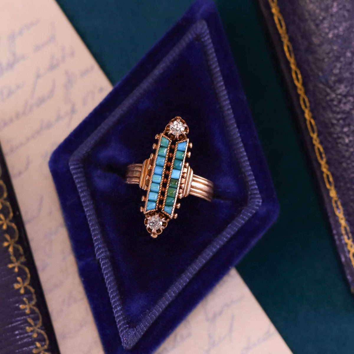 Victorian Turquoise Navette Ring of 17k Rose Gold - Trademark Antiques