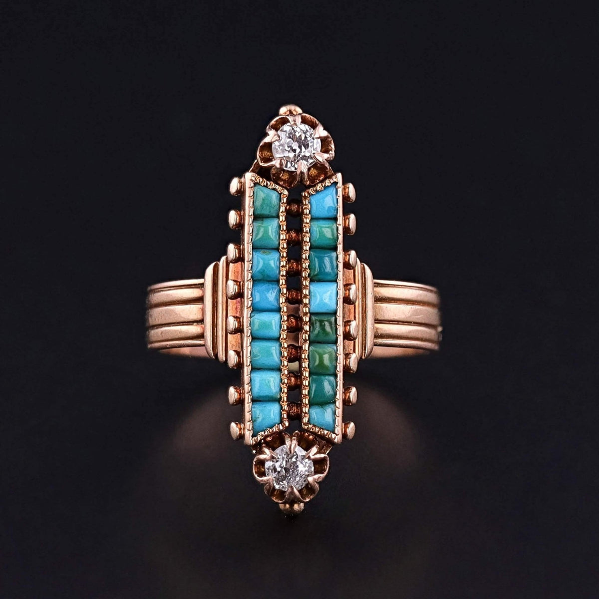 Victorian Turquoise Navette Ring of 17k Rose Gold - Trademark Antiques
