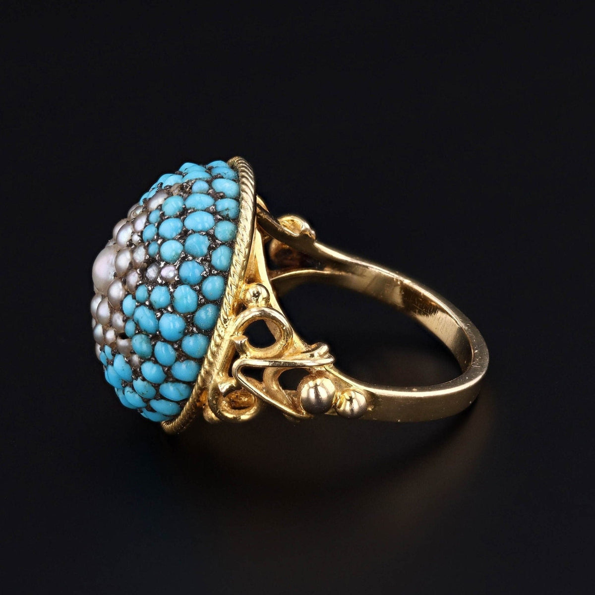 Victorian Turquoise Pearl Dome Conversion Ring of Silver Topped 10k Gold - Trademark Antiques