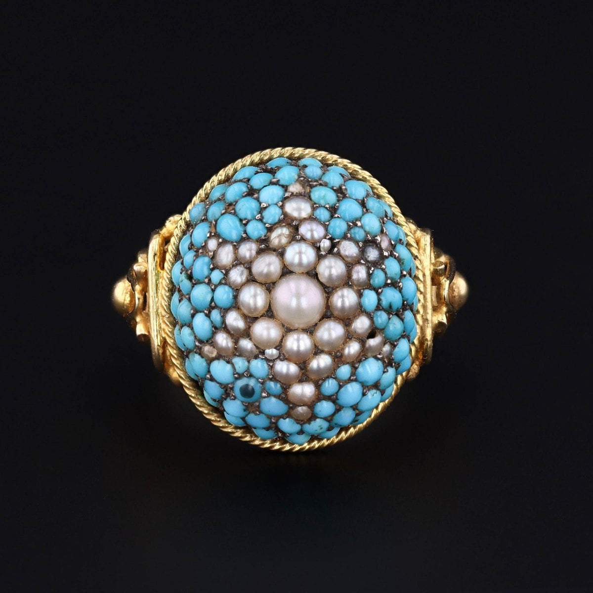 Victorian Turquoise Pearl Dome Conversion Ring of Silver Topped 10k Gold - Trademark Antiques