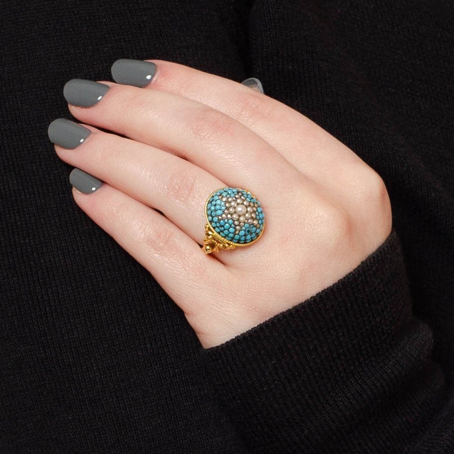 Victorian Turquoise Pearl Dome Conversion Ring of Silver Topped 10k Gold - Trademark Antiques