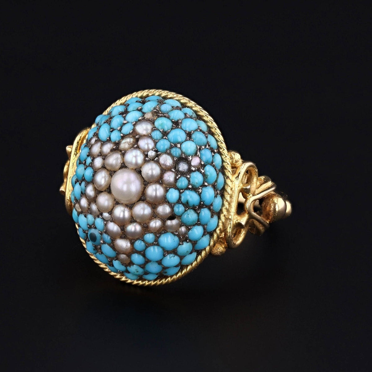 Victorian Turquoise Pearl Dome Conversion Ring of Silver Topped 10k Gold - Trademark Antiques