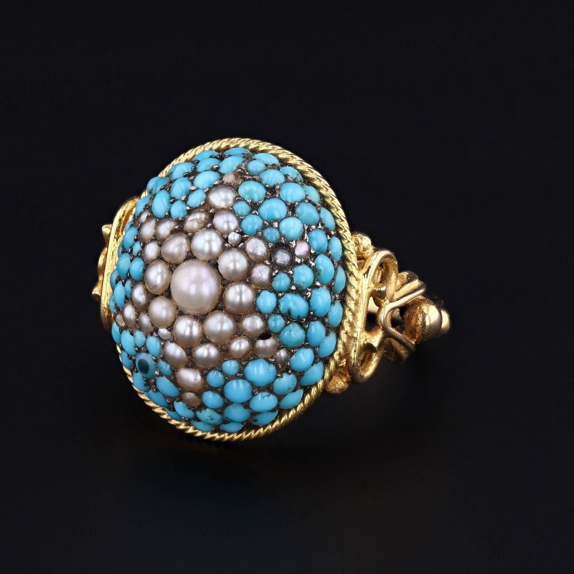 Victorian Turquoise Pearl Dome Conversion Ring of Silver Topped 10k Gold - Trademark Antiques