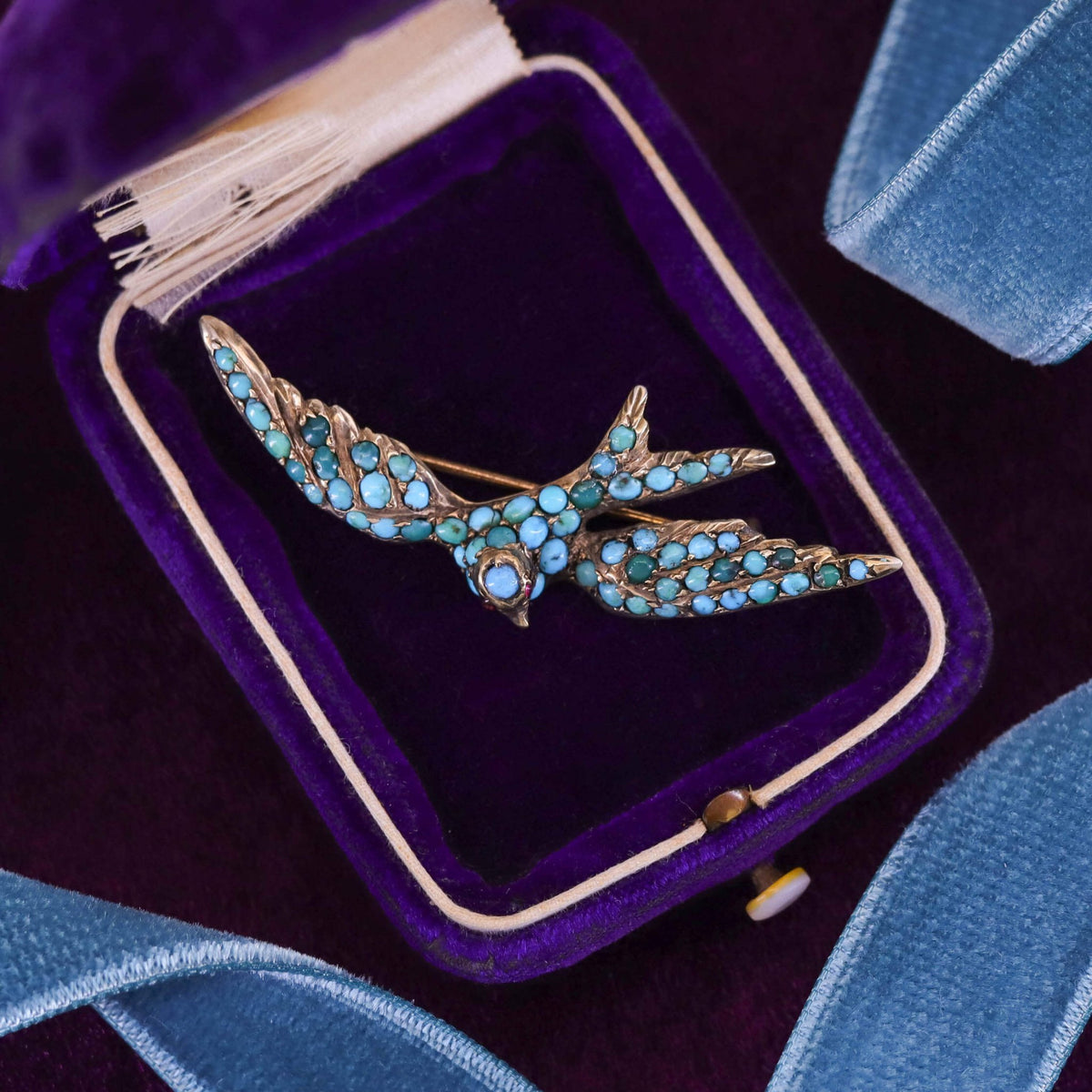 Victorian Turquoise Swallow Brooch - Trademark Antiques