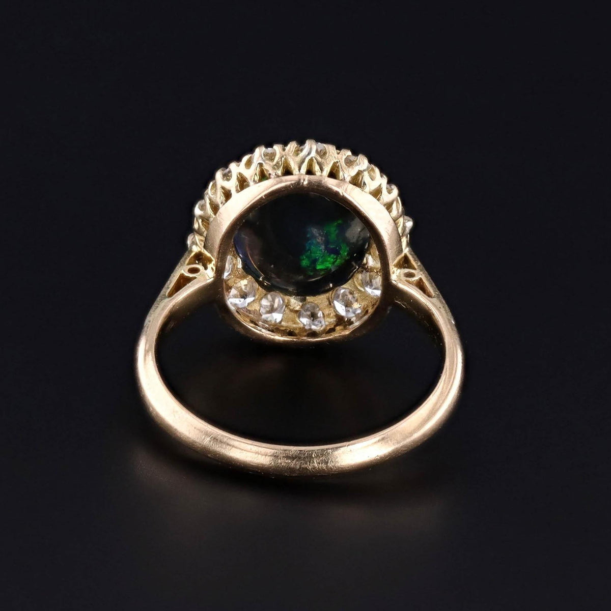 Vintage Black Opal and Diamond Halo Ring of 18k Gold - Trademark Antiques