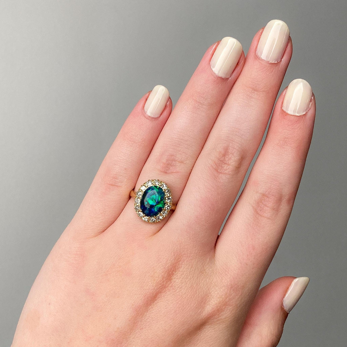 Vintage Black Opal and Diamond Halo Ring of 18k Gold - Trademark Antiques