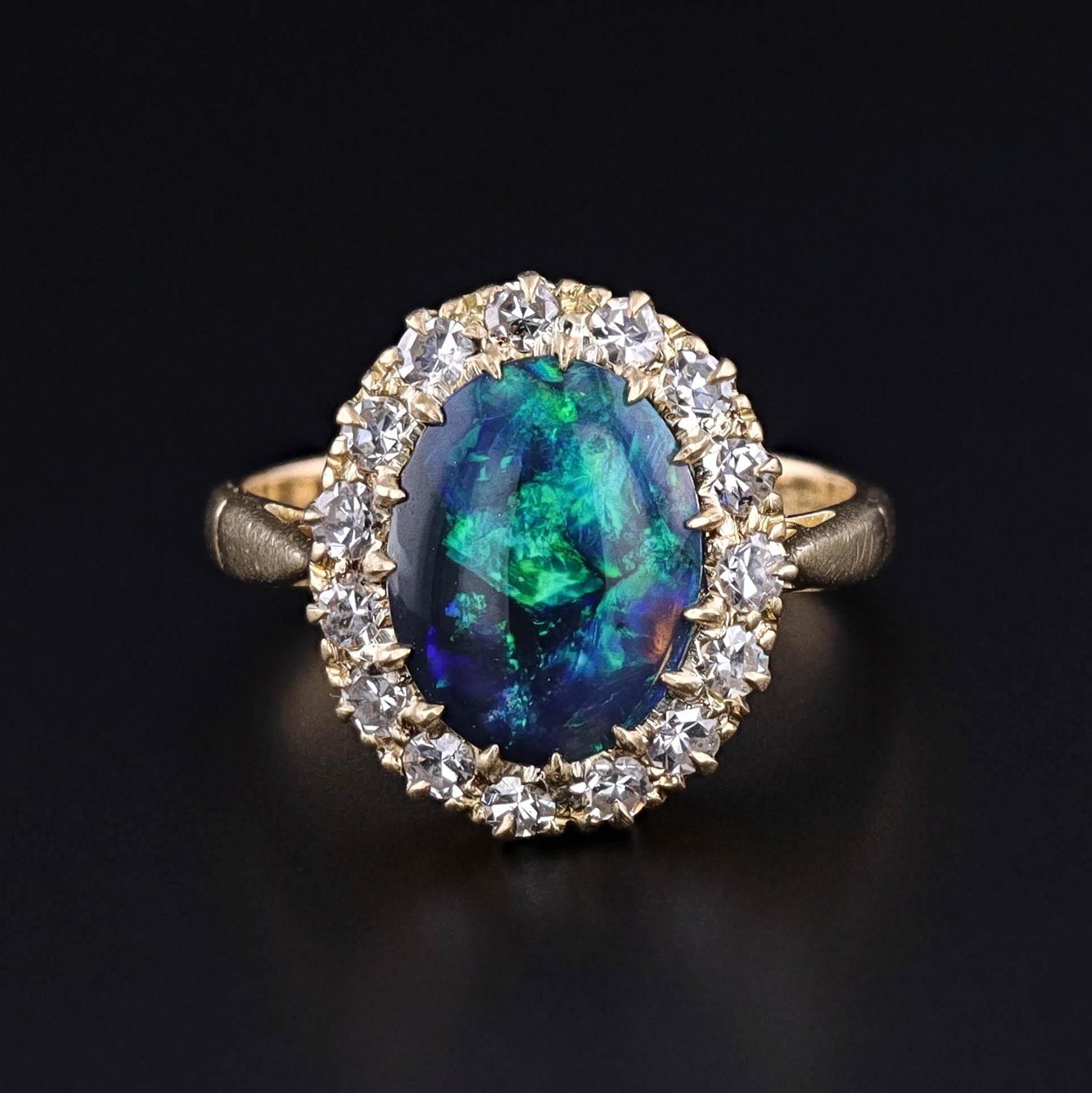 Vintage Black Opal and Diamond Halo Ring of 18k Gold - Trademark Antiques