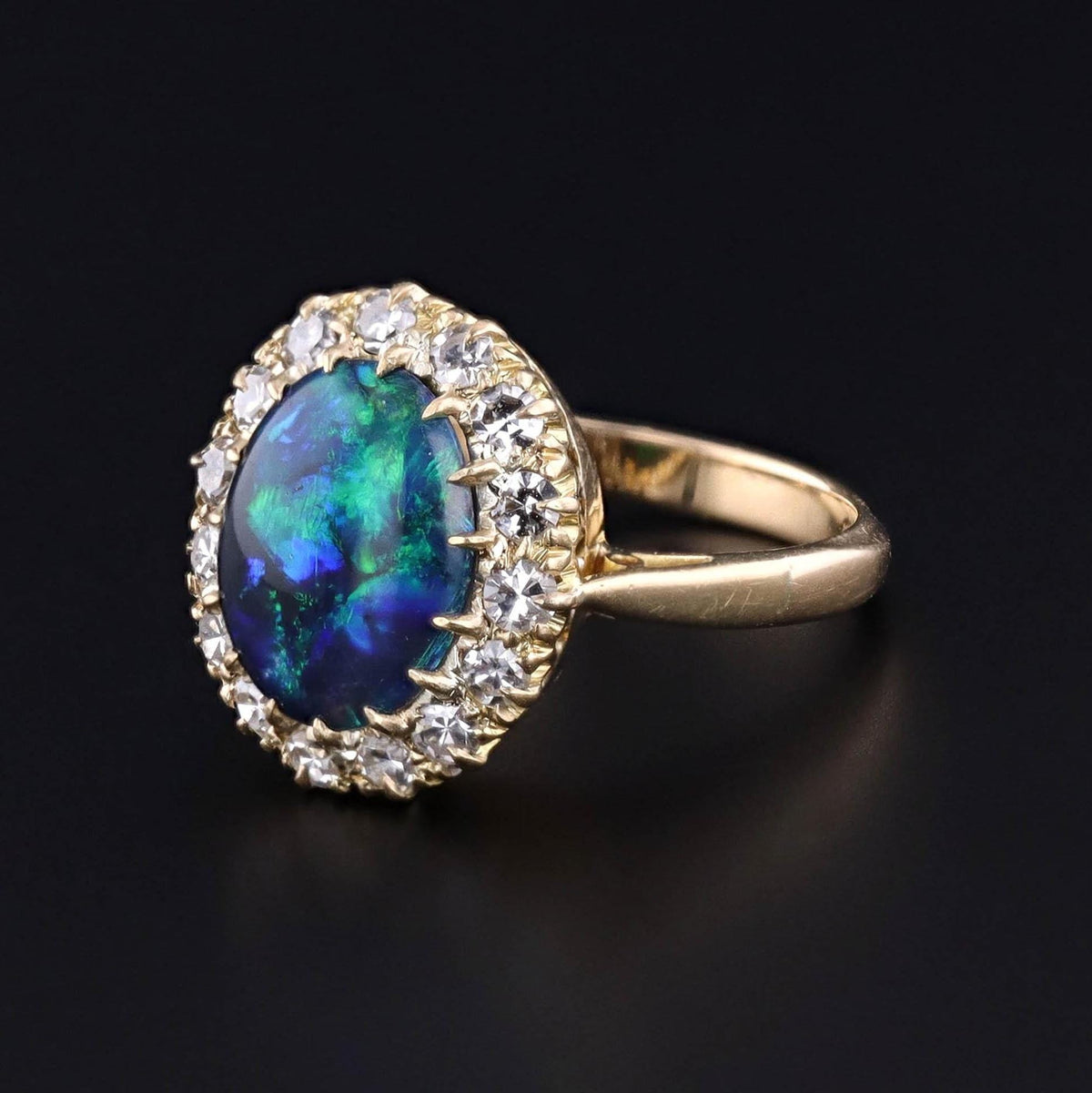 Vintage Black Opal and Diamond Halo Ring of 18k Gold - Trademark Antiques