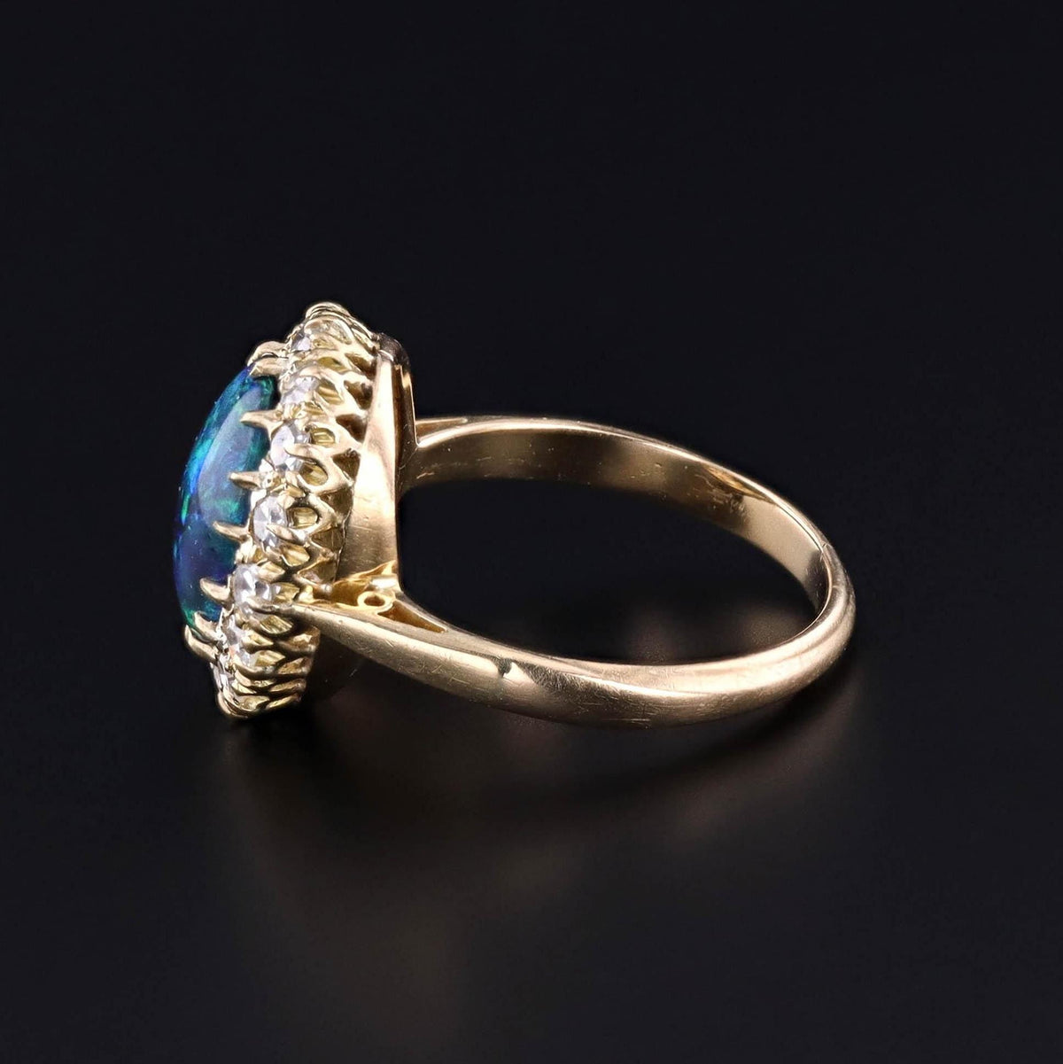 Vintage Black Opal and Diamond Halo Ring of 18k Gold - Trademark Antiques