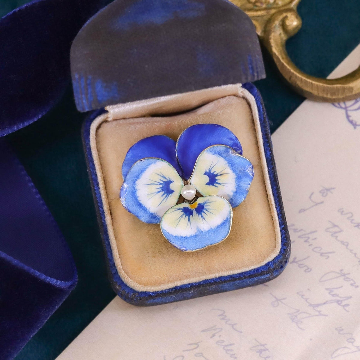 Vintage Blue Enamel Pansy Brooch of 14k Gold - Trademark Antiques