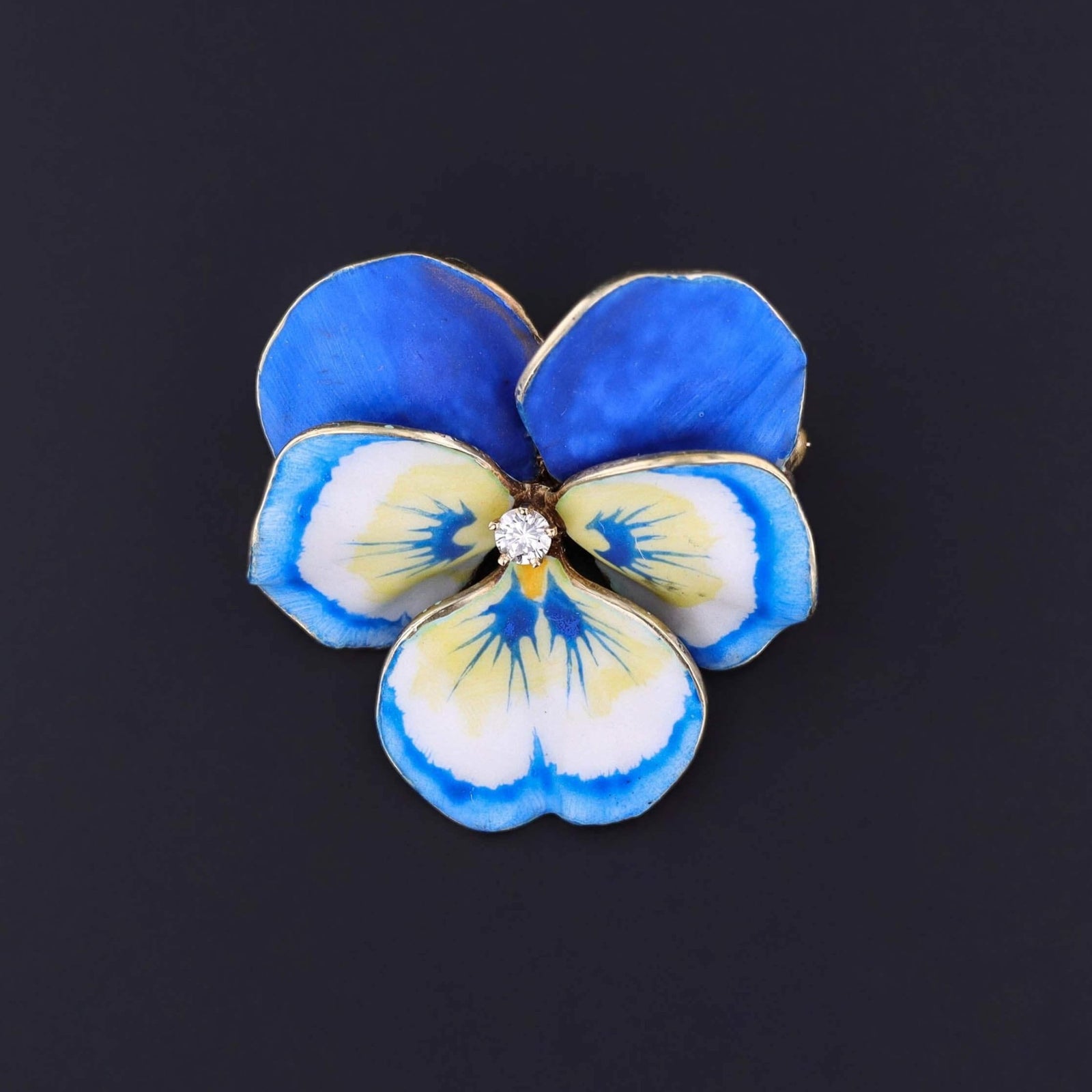 Vintage Blue Enamel Pansy Brooch of 14k Gold - Trademark Antiques