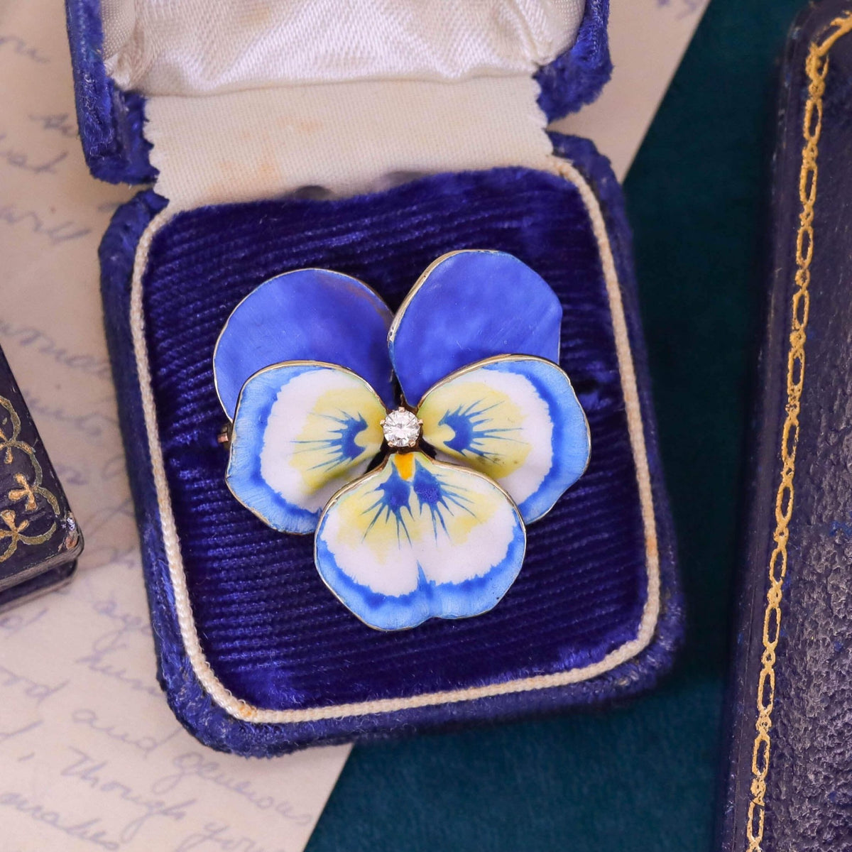 Vintage Blue Enamel Pansy Brooch of 14k Gold - Trademark Antiques