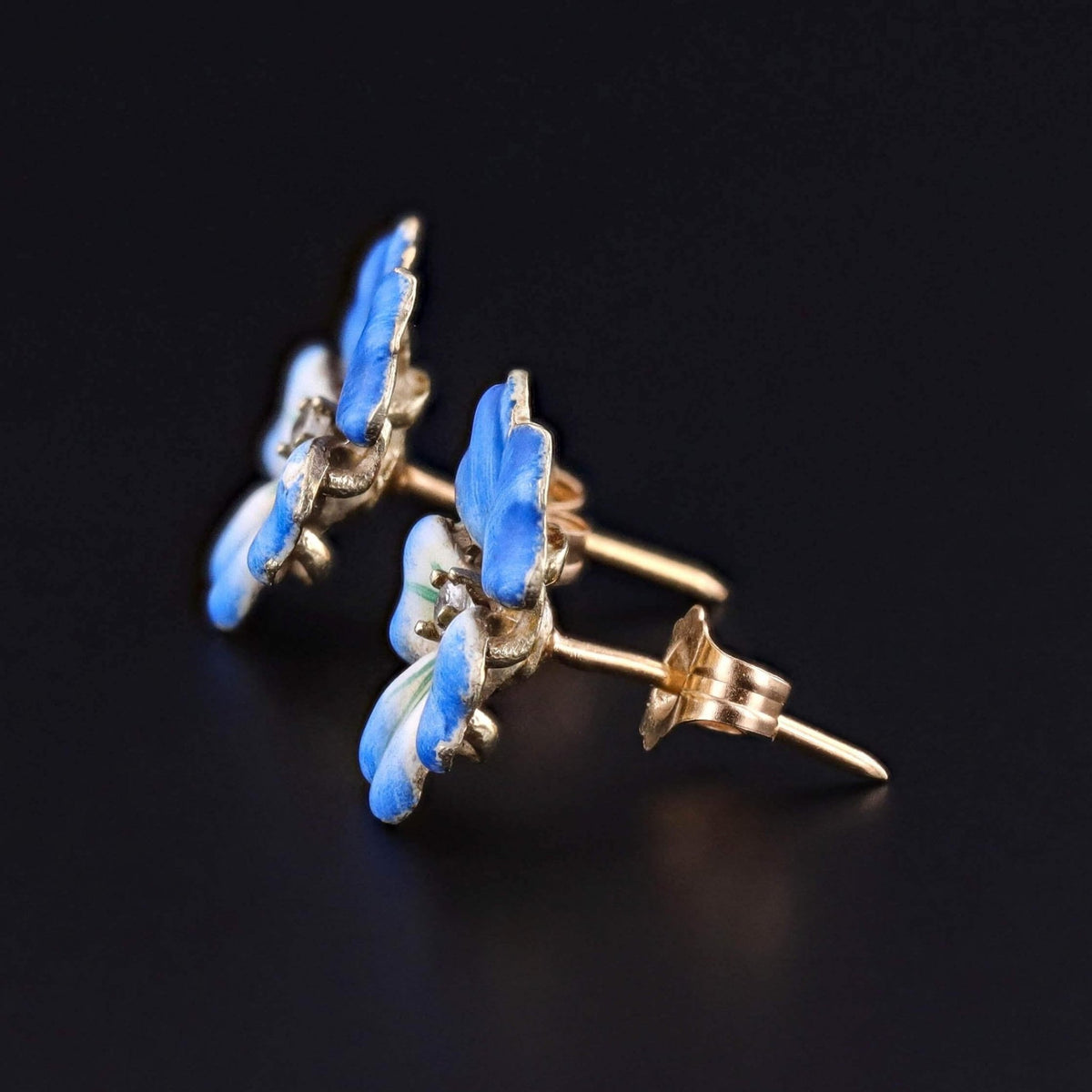 Vintage Blue Enamel Pansy Earrings of 14k Gold - Trademark Antiques